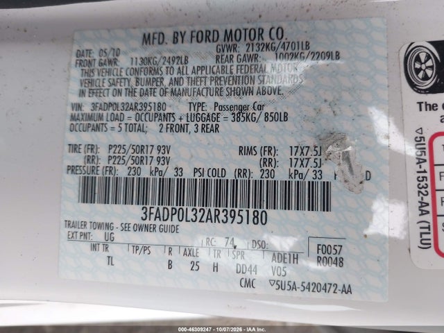 Продажа на аукционе авто 2010 Ford Fusion Hybrid, vin: 3FADP0L32AR395180, номер лота: 46309247