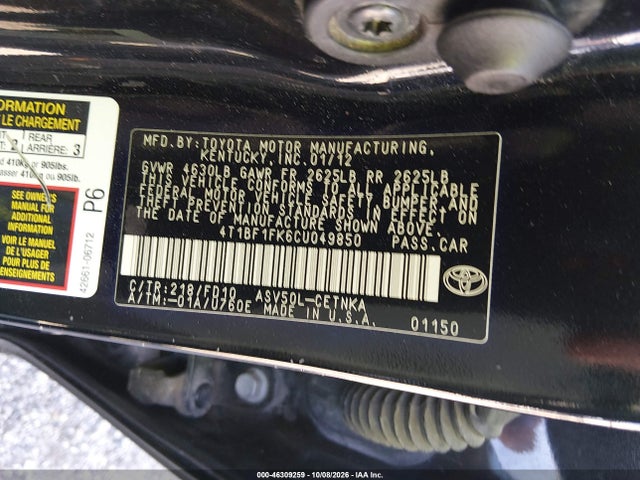 Продаж на аукціоні авто 2012 Toyota Camry Le, vin: 4T1BF1FK6CU049850, номер лоту: 46309259