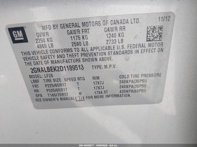 Aukcja sprzedaży 2013 Chevrolet Equinox Ls, vin: 2GNALBEK2D1189513, numer aukcji: 46309277