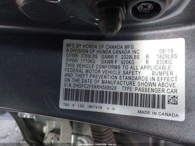 Продаж на аукціоні авто 2019 Honda Civic Sport, vin: 2HGFC2F8XKH588628, номер лоту: 46309283