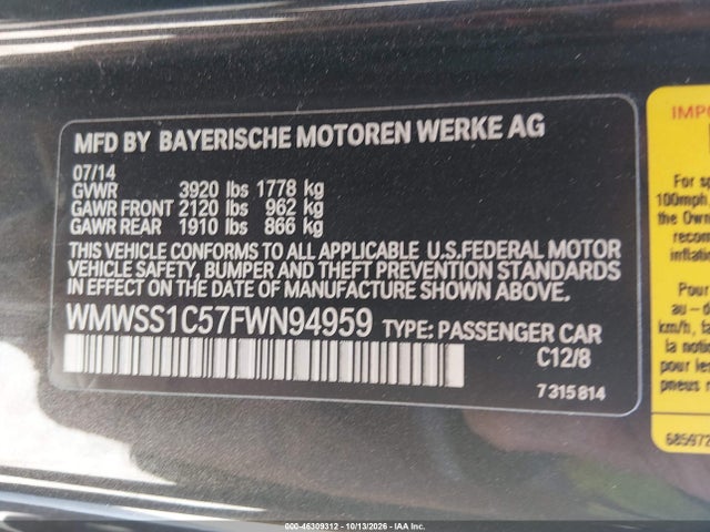 46309312 :رقم المزاد ، WMWSS1C57FWN94959 vin ، 2015 Mini Paceman Cooper مزاد بيع