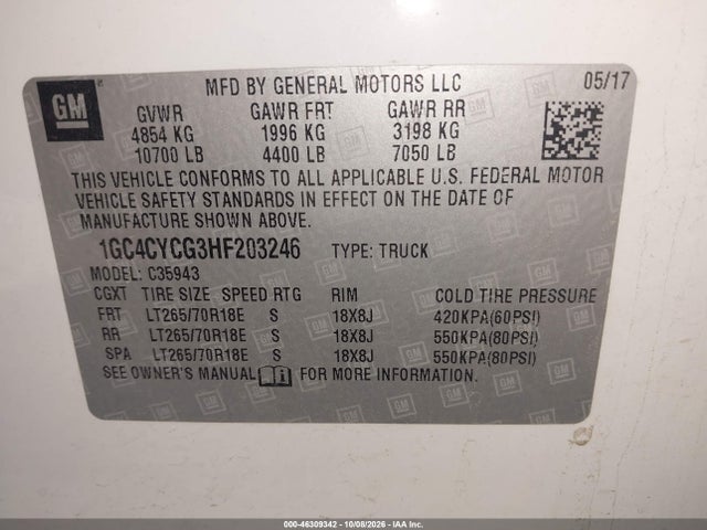 Aukcja sprzedaży 2017 Chevrolet Silverado 3500hd Wt, vin: 1GC4CYCG3HF203246, numer aukcji: 46309342