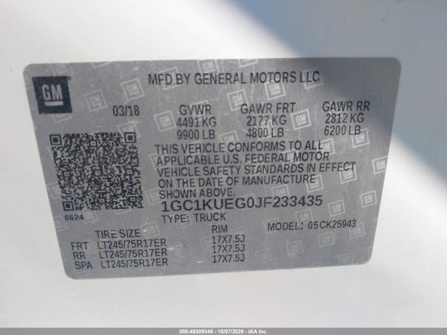 46309348 :رقم المزاد ، 1GC1KUEG0JF233435 vin ، 2018 Chevrolet Silverado 2500hd Wt مزاد بيع
