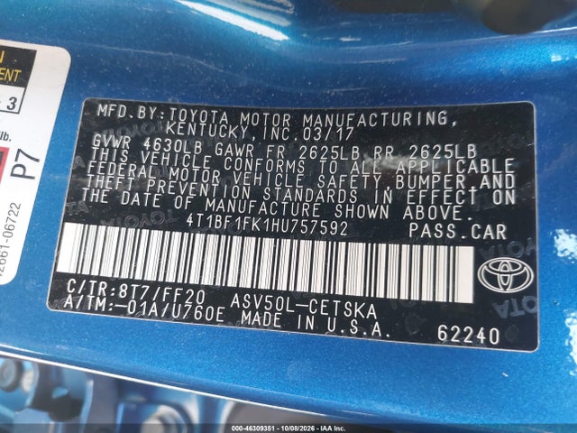 46309351 :رقم المزاد ، 4T1BF1FK1HU757592 vin ، 2017 Toyota Camry Se مزاد بيع