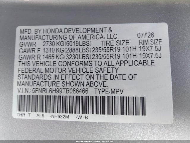 Продажа на аукционе авто 2026 Honda Odyssey Elite, vin: 5FNRL6H99TB086466, номер лота: 46309356