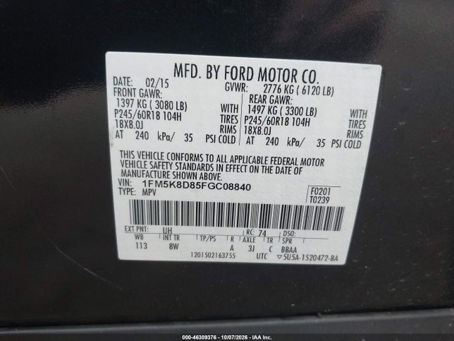 Продажа на аукционе авто 2015 Ford Explorer Xlt, vin: 1FM5K8D85FGC08840, номер лота: 46309376