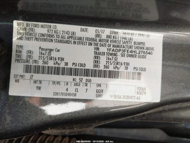 2017 Ford Focus Se მანქანა იყიდება აუქციონზე, vin: 1FADP3FE4HL276540, აუქციონის ნომერი: 46309388