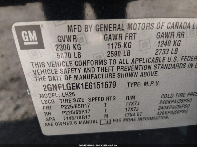 2014 Chevrolet Equinox 2lt მანქანა იყიდება აუქციონზე, vin: 2GNFLGEK1E6151679, აუქციონის ნომერი: 46309400