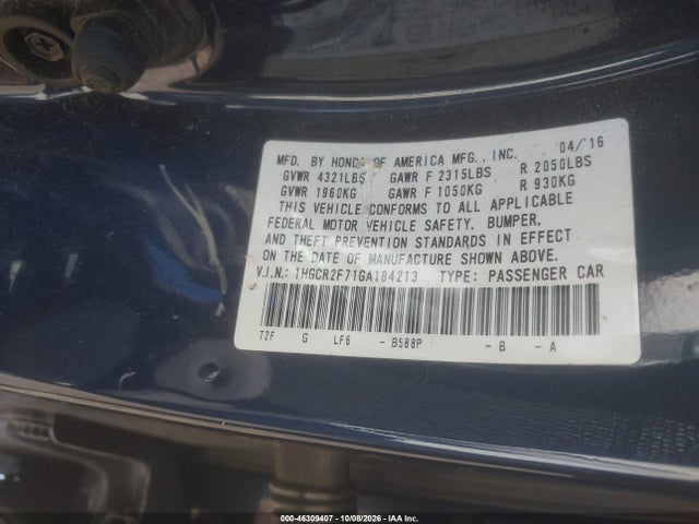 Продажа на аукционе авто 2016 Honda Accord Ex, vin: 1HGCR2F71GA184213, номер лота: 46309407