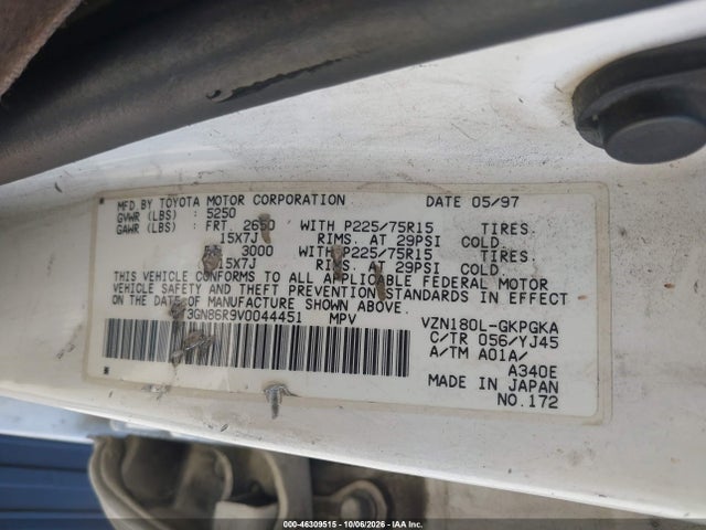 1997 Toyota 4runner Sr5 V6 მანქანა იყიდება აუქციონზე, vin: JT3GN86R9V0044451, აუქციონის ნომერი: 46309515