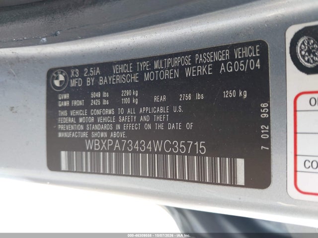 2004 Bmw X3 2.5i მანქანა იყიდება აუქციონზე, vin: WBXPA73434WC35715, აუქციონის ნომერი: 46309558