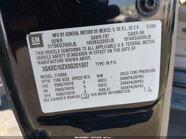 46309561 :رقم المزاد ، 3GKEC16ZX6G201907 vin ، 2006 Gmc Yukon Xl 1500 Sle مزاد بيع