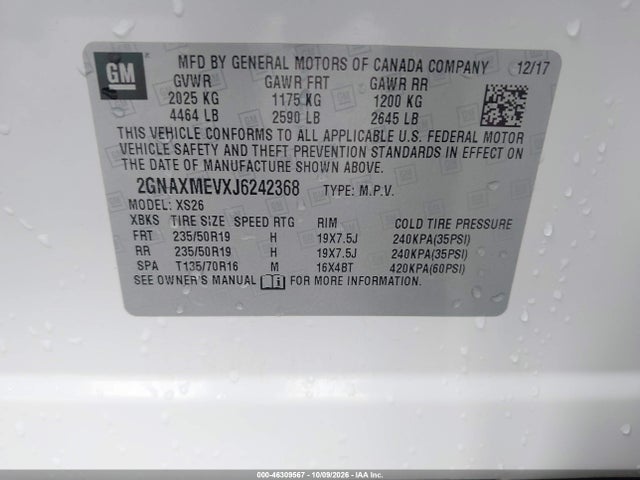 Aukcja sprzedaży 2018 Chevrolet Equinox Premier, vin: 2GNAXMEVXJ6242368, numer aukcji: 46309567