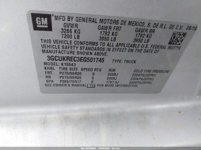46309596 :رقم المزاد ، 3GCUKREC3EG501745 vin ، 2014 Chevrolet Silverado 1500 1lt مزاد بيع