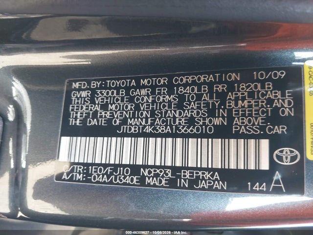 Aukcja sprzedaży 2010 Toyota Yaris, vin: JTDBT4K38A1366010, numer aukcji: 46309627