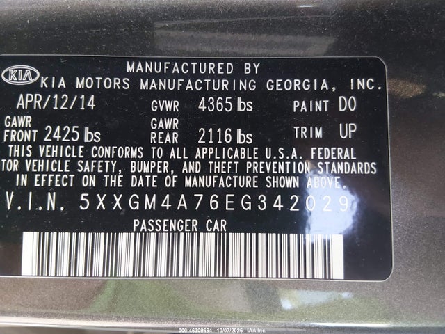 Aukcja sprzedaży 2014 Kia Optima Lx, vin: 5XXGM4A76EG342029, numer aukcji: 46309664