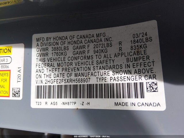 Honda Civic Sport 2024 2HGFE2F5XRH568907 Image 9