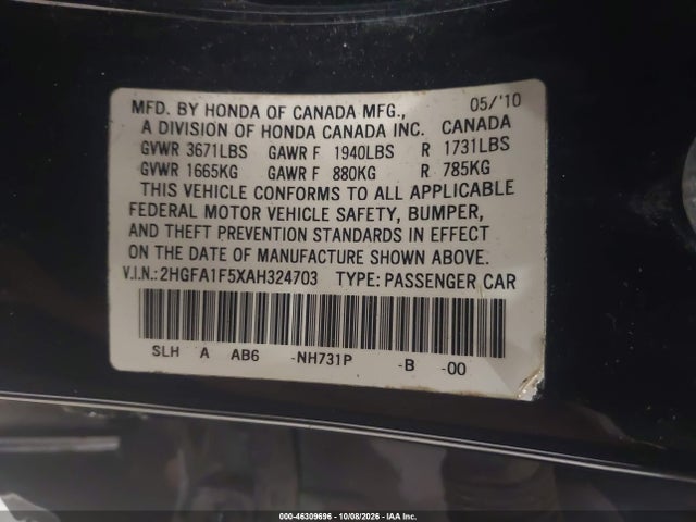 2010 Honda Civic Lx მანქანა იყიდება აუქციონზე, vin: 2HGFA1F5XAH324703, აუქციონის ნომერი: 46309696