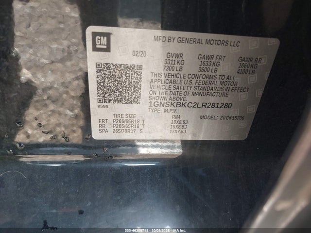 46309711 :رقم المزاد ، 1GNSKBKC2LR281280 vin ، 2020 Chevrolet Tahoe 4wd Lt مزاد بيع