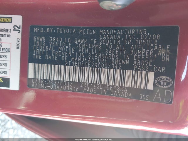 Aukcja sprzedaży 2009 Toyota Corolla S, vin: 2T1BU40E29C007342, numer aukcji: 46309735