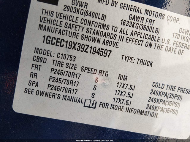 2009 Chevrolet Silverado 1500 Work Truck მანქანა იყიდება აუქციონზე, vin: 1GCEC19X39Z194597, აუქციონის ნომერი: 46309768