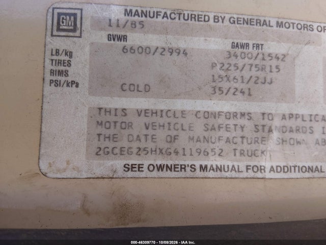 46309770 :رقم المزاد ، 2GCEG25HXG4119652 vin ، 1986 Chevrolet Van G20 مزاد بيع