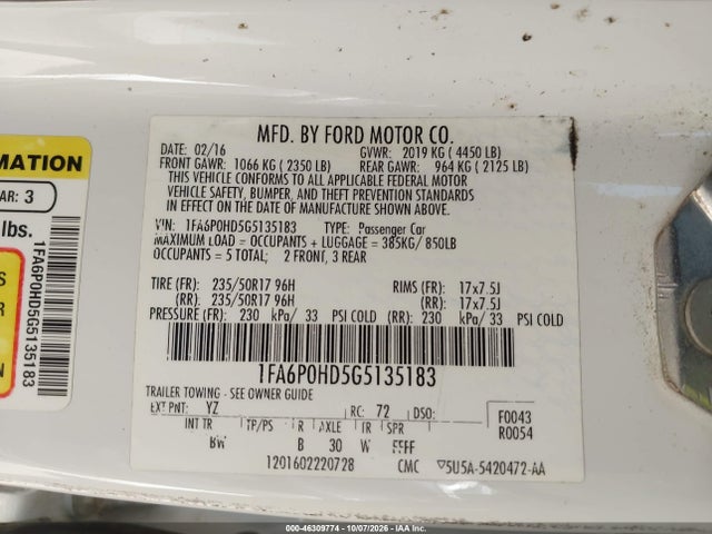 Aukcja sprzedaży 2016 Ford Fusion Se, vin: 1FA6P0HD5G5135183, numer aukcji: 46309774