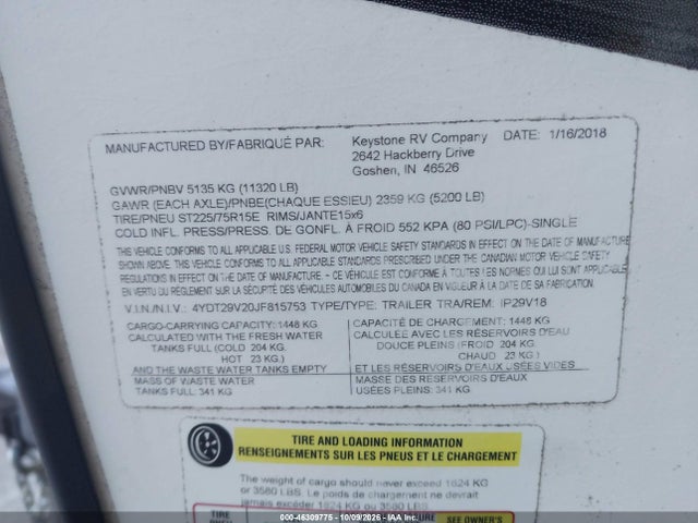 46309775 :رقم المزاد ، 4YDE29V20JF815753 vin ، 2018 Keystone Other مزاد بيع