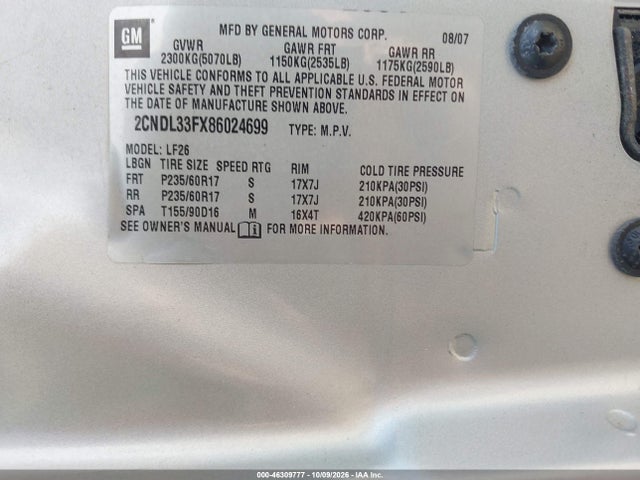 Aukcja sprzedaży 2008 Chevrolet Equinox Lt, vin: 2CNDL33FX86024699, numer aukcji: 46309777