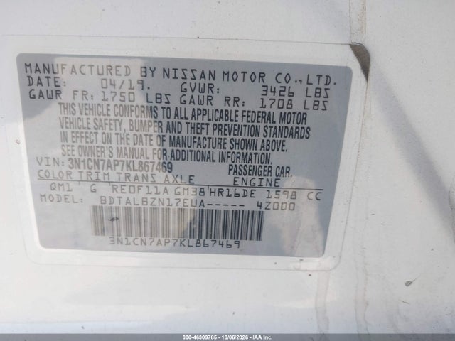 Auction sale of the 2019 Nissan Versa 1.6 Sv, vin: 3N1CN7AP7KL867469, lot number: 46309785