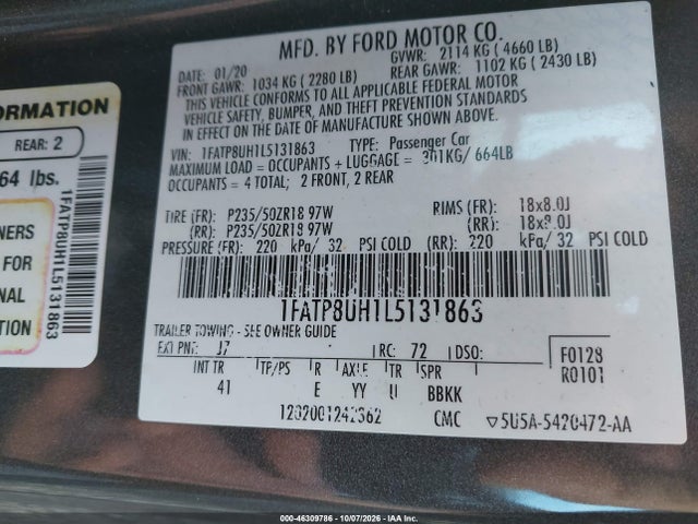 Aukcja sprzedaży 2020 Ford Mustang Ecoboost /ecoboost Premium, vin: 1FATP8UH1L5131863, numer aukcji: 46309786