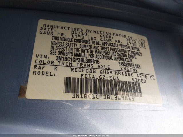 46309798 :رقم المزاد ، 3N1BC1CP3BL369815 vin ، 2011 Nissan Versa 1.8sl مزاد بيع