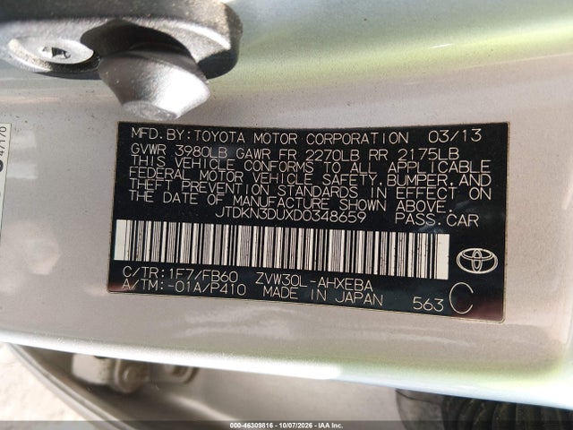 46309816 :رقم المزاد ، JTDKN3DUXD0348659 vin ، 2013 Toyota Prius Two مزاد بيع