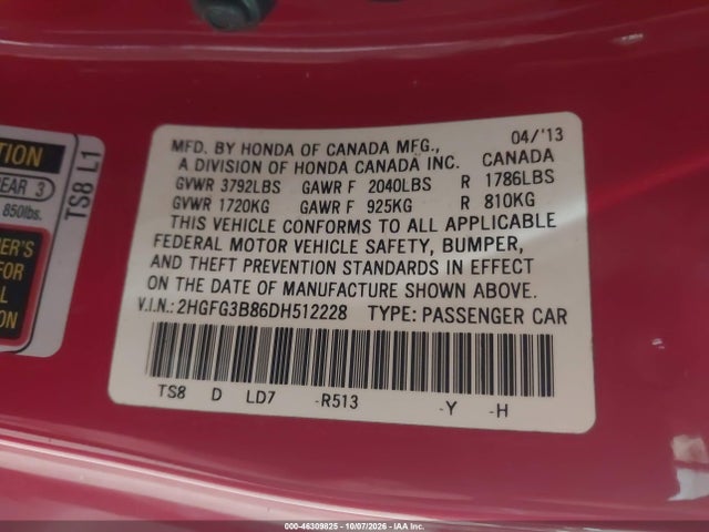 2013 Honda Civic Ex მანქანა იყიდება აუქციონზე, vin: 2HGFG3B86DH512228, აუქციონის ნომერი: 46309825