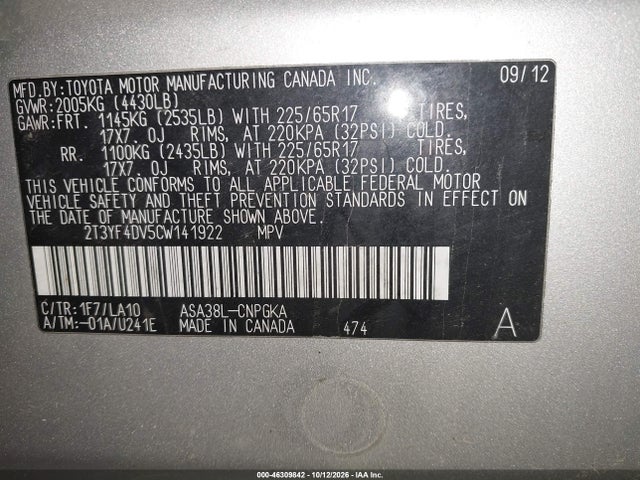 Aukcja sprzedaży 2012 Toyota Rav4 Limited, vin: 2T3YF4DV5CW141922, numer aukcji: 46309842