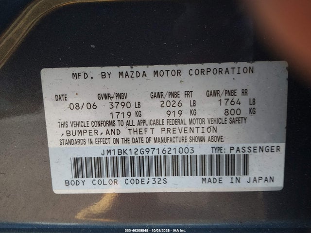 46309845 :رقم المزاد ، JM1BK12G971621003 vin ، 2007 Mazda Mazda3 I مزاد بيع
