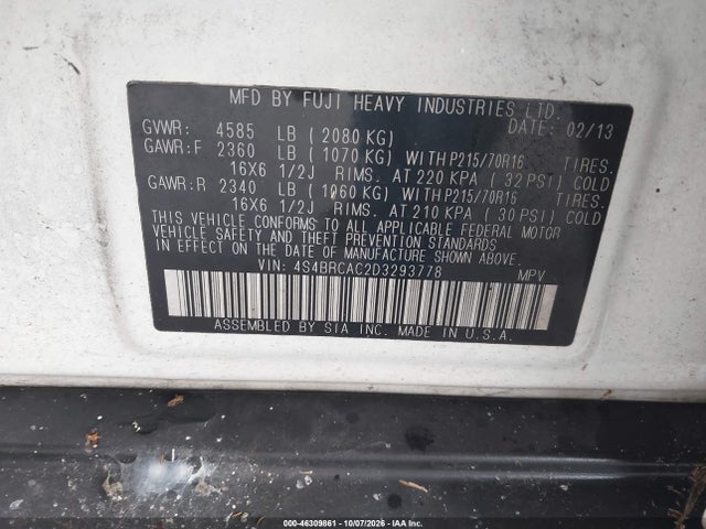 2013 Subaru Outback 2.5i მანქანა იყიდება აუქციონზე, vin: 4S4BRCAC2D3293778, აუქციონის ნომერი: 46309861