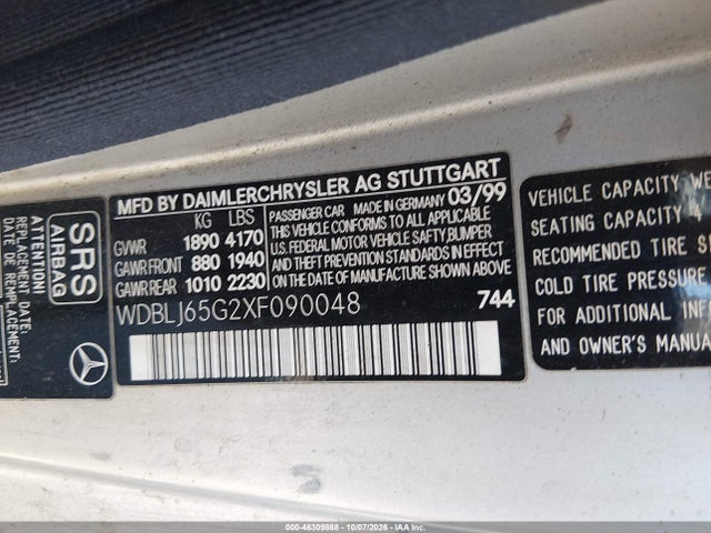 1999 Mercedes-benz Clk 320 მანქანა იყიდება აუქციონზე, vin: WDBLJ65G2XF090048, აუქციონის ნომერი: 46309868