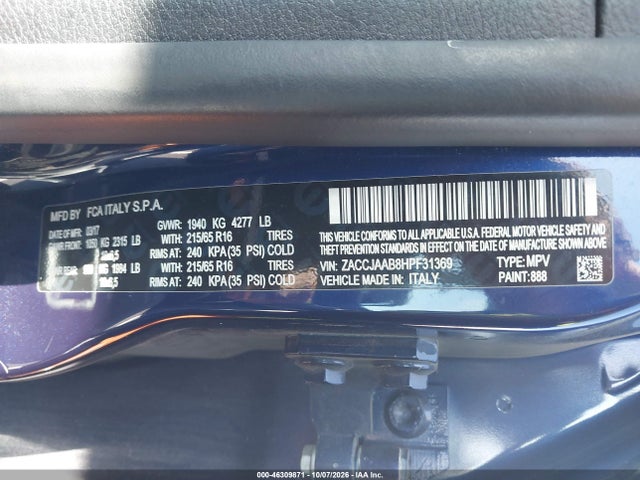 Aukcja sprzedaży 2017 Jeep Renegade Sport Fwd, vin: ZACCJAAB8HPF31369, numer aukcji: 46309871