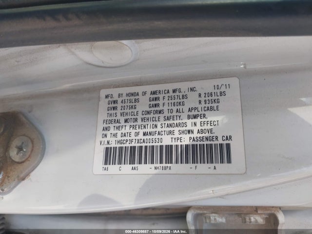 Aukcja sprzedaży 2012 Honda Accord 3.5 Ex, vin: 1HGCP3F7XCA005530, numer aukcji: 46309887