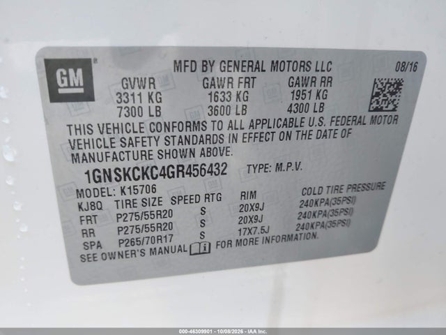 46309901 :رقم المزاد ، 1GNSKCKC4GR456432 vin ، 2016 Chevrolet Tahoe Ltz مزاد بيع