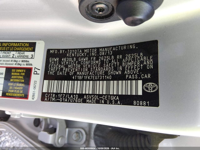 46309904 :رقم المزاد ، 4T1BF1FK7EU731140 vin ، 2014 Toyota Camry Xle مزاد بيع