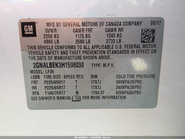 Aukcja sprzedaży 2017 Chevrolet Equinox Ls, vin: 2GNALBEK3H1598030, numer aukcji: 46309913