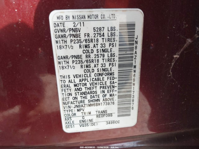 2011 Nissan Murano S მანქანა იყიდება აუქციონზე, vin: JN8AZ1MW6BW173976, აუქციონის ნომერი: 46309935