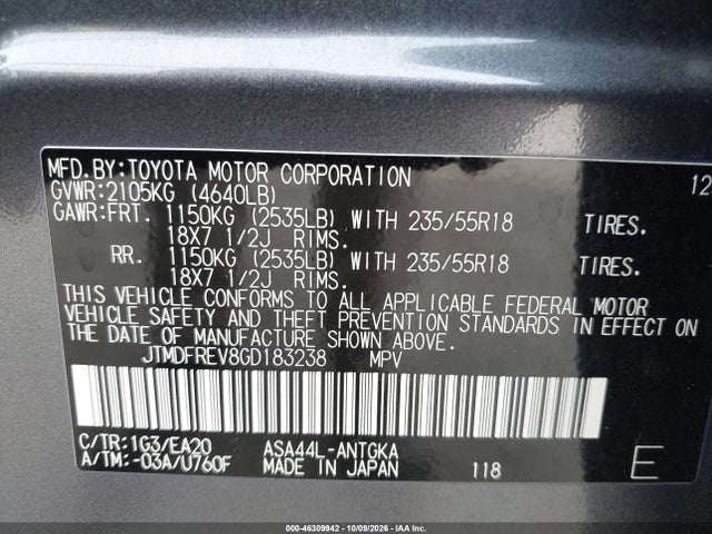 46309942 :رقم المزاد ، JTMDFREV8GD183238 vin ، 2016 Toyota Rav4 Limited مزاد بيع