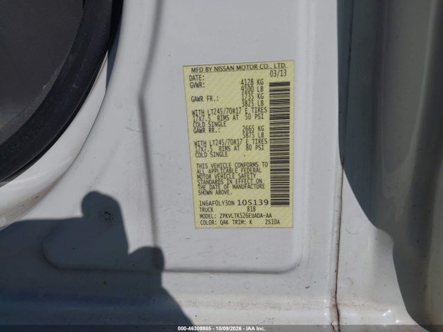 2013 Nissan Nv Cargo Nv2500 Hd Sv V8 მანქანა იყიდება აუქციონზე, vin: 1N6AF0LY3DN105139, აუქციონის ნომერი: 46309985