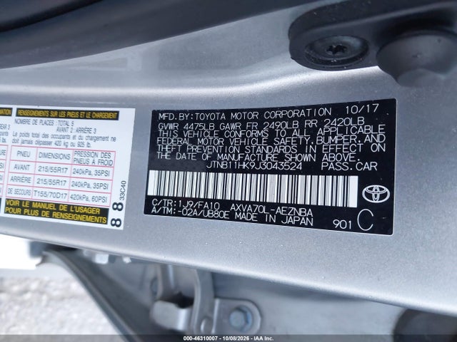 Продаж на аукціоні авто 2018 Toyota Camry Le, vin: JTNB11HK9J3043524, номер лоту: 46310007