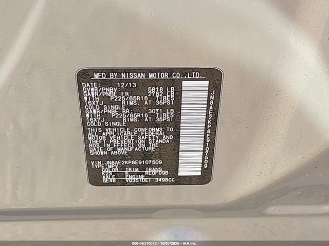 Aukcja sprzedaży 2014 Nissan Quest Le/s/sl/sv, vin: JN8AE2KP8E9107509, numer aukcji: 46310012