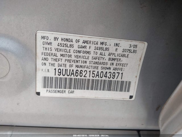 Продаж на аукціоні авто 2005 Acura Tl, vin: 19UUA66215A043971, номер лоту: 46310016