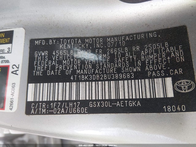 46310040 :رقم المزاد ، 4T1BK3DB2BU389683 vin ، 2011 Toyota Avalon مزاد بيع